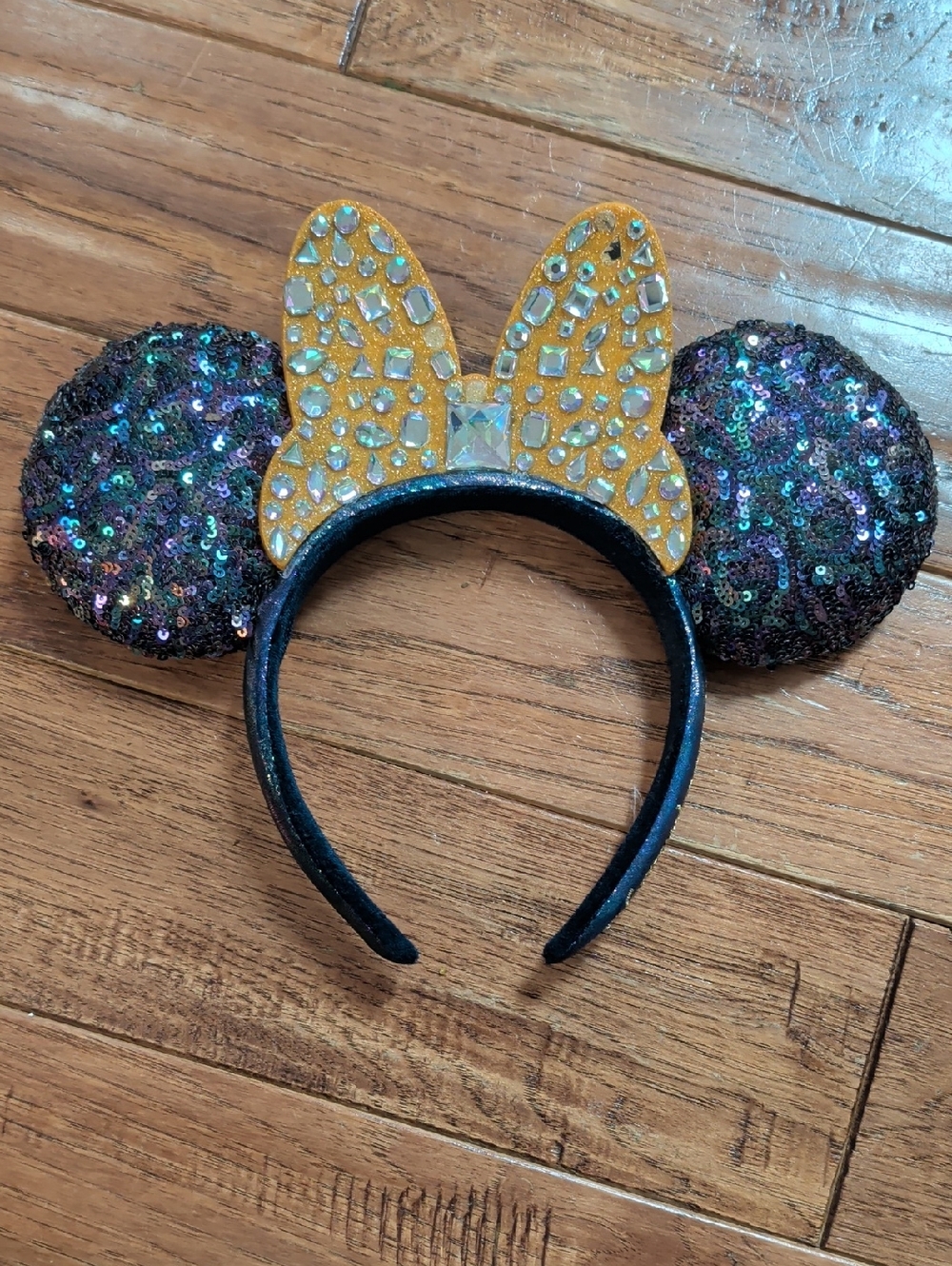 Disney 50th Anniversary Sequin Minnie Ear Headband with Gold Jeweled Bow
